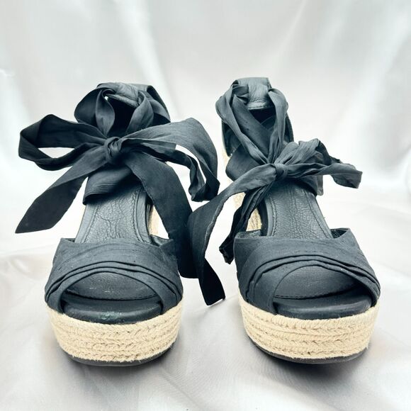 UGG Lucianna Black Silk Leather Espadrille Wedge Sandals 1002916 - Sz 9.5 - Picture 7 of 11